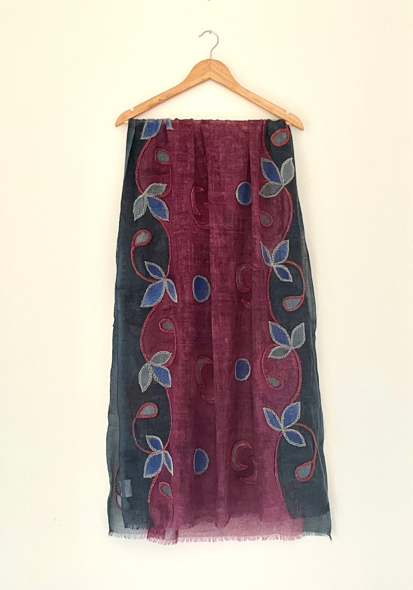 The Burgundy Scarf - Hand Painted and Hand Embroidered