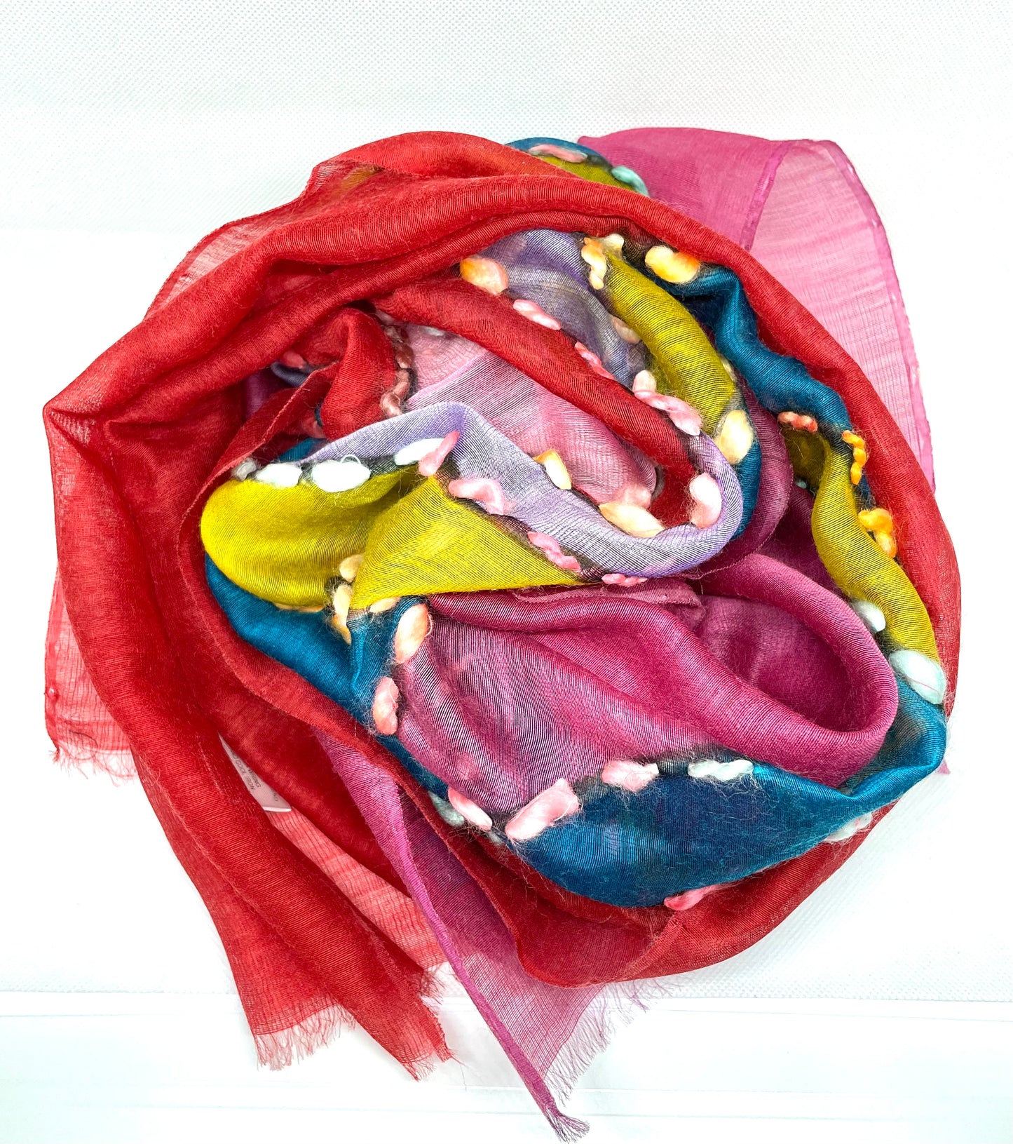 The Red and Pink Scarf - Hand Painted and Hand Embroidered