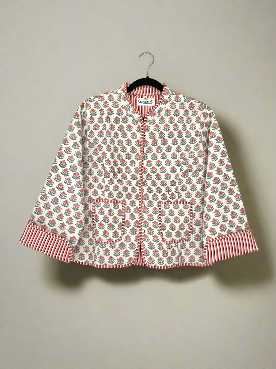 White Cotton Quilted Jacket - Coral Buti