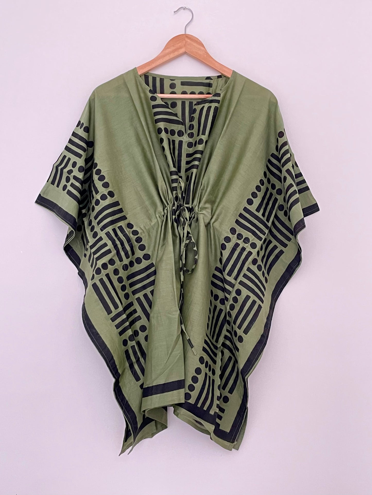 Olive Green Short Kaftan in Silk Cotton