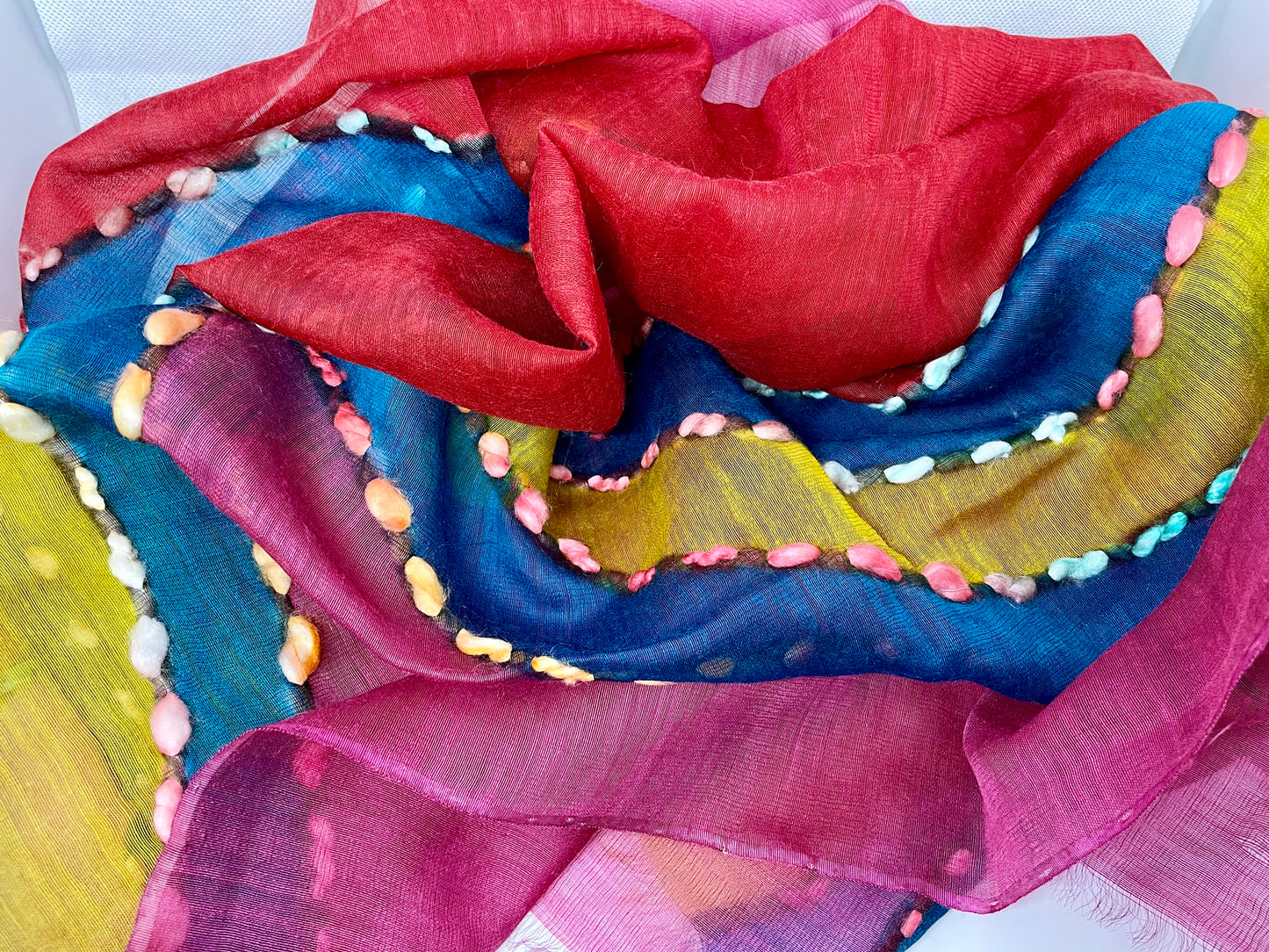 The Red and Pink Scarf - Hand Painted and Hand Embroidered
