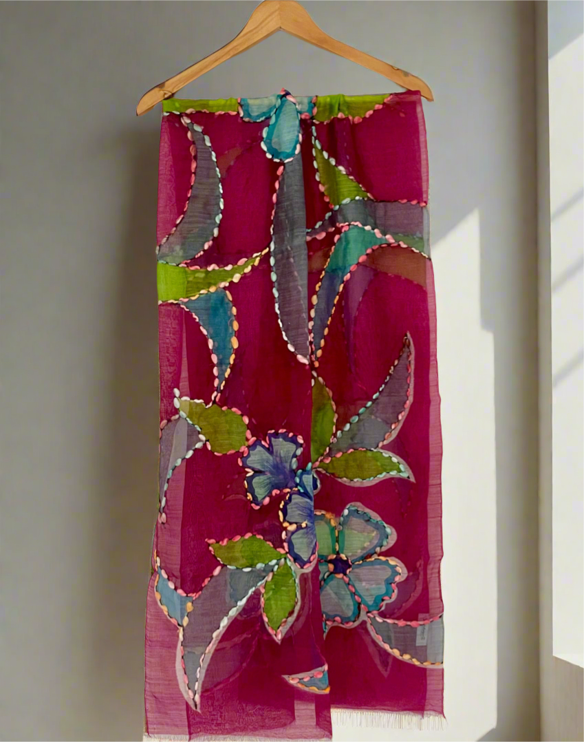 Burgundy Floral Silk wool scarf