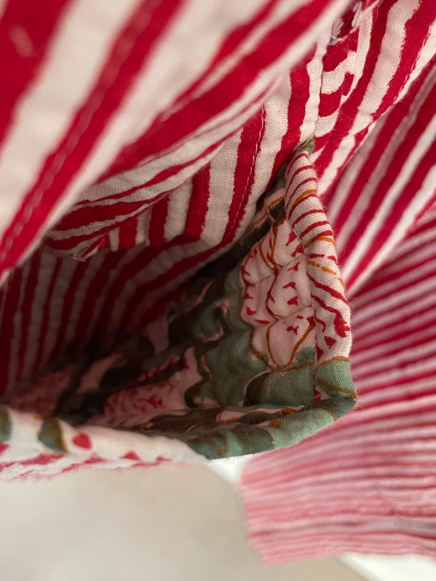 Sage Green Jaal and Red Stripe Quilted, Reversible Dressing Gown / House coat