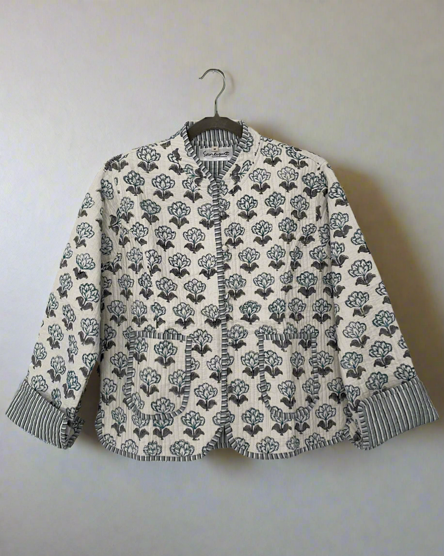 White Cotton Quilted Jacket - Blue Buti