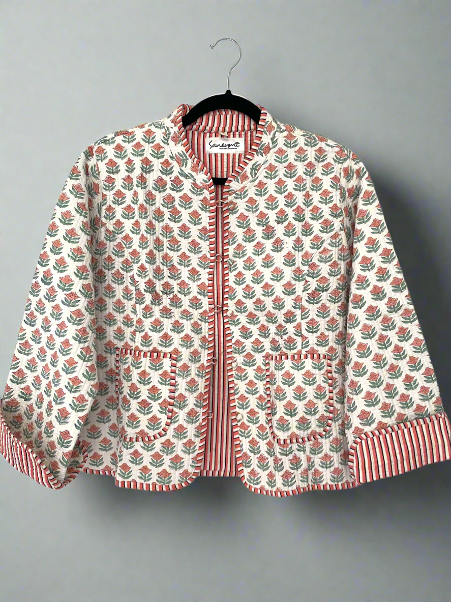 White Cotton Quilted Jacket - Coral Buti