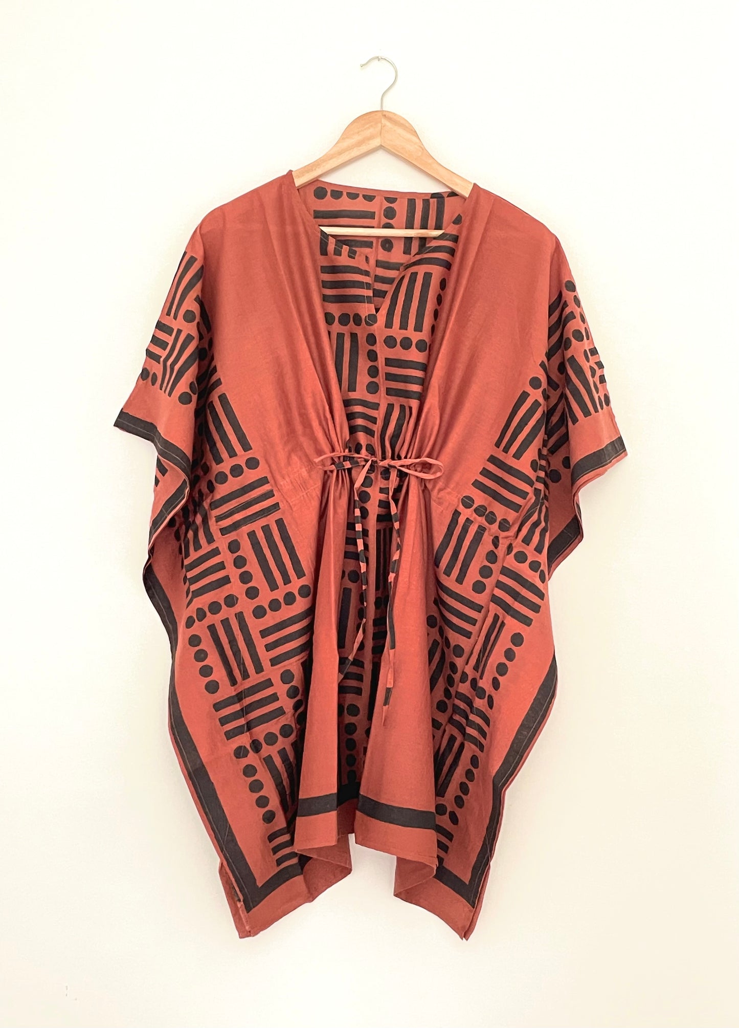 Deep Coral Short Kaftan in Silk Cotton