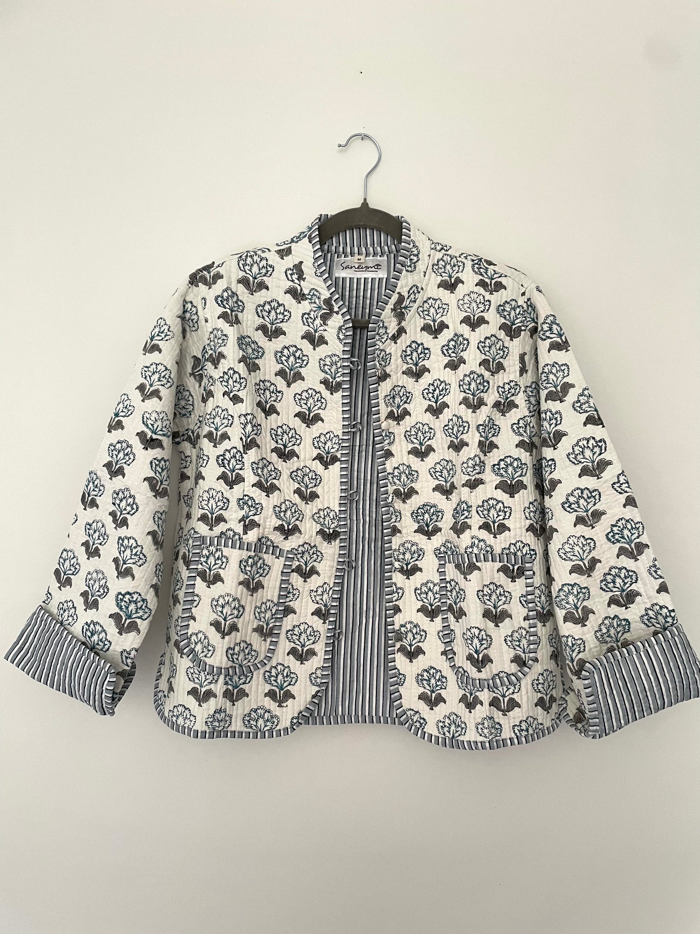 White Cotton Quilted Jacket - Blue Buti