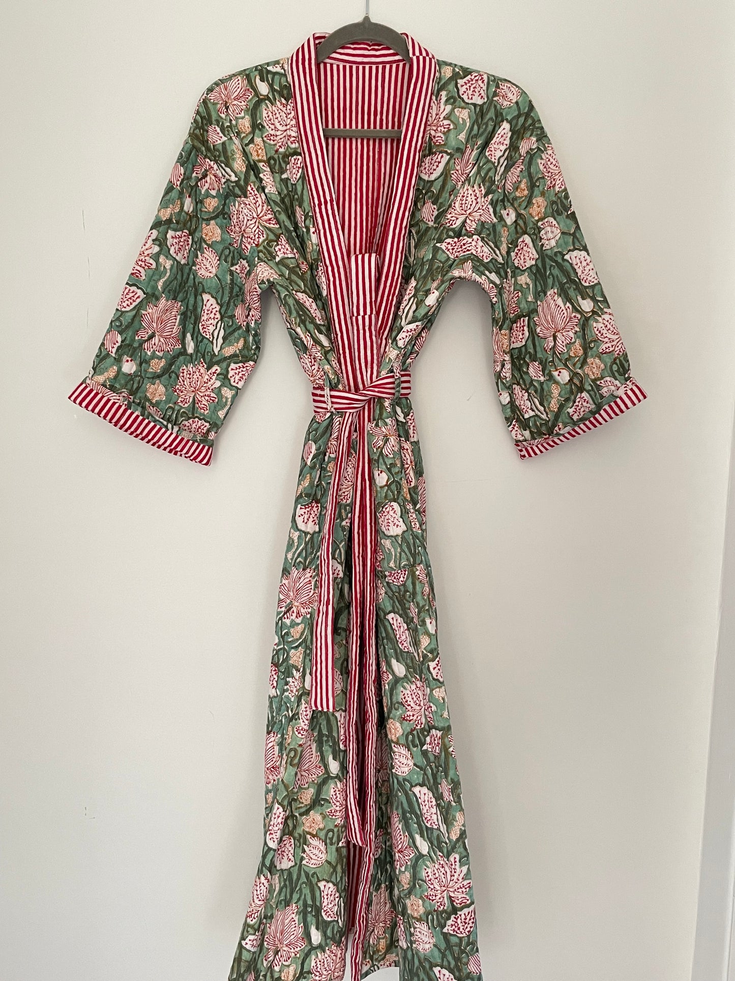 Sage Green Jaal and Red Stripe Quilted, Reversible Dressing Gown / House coat