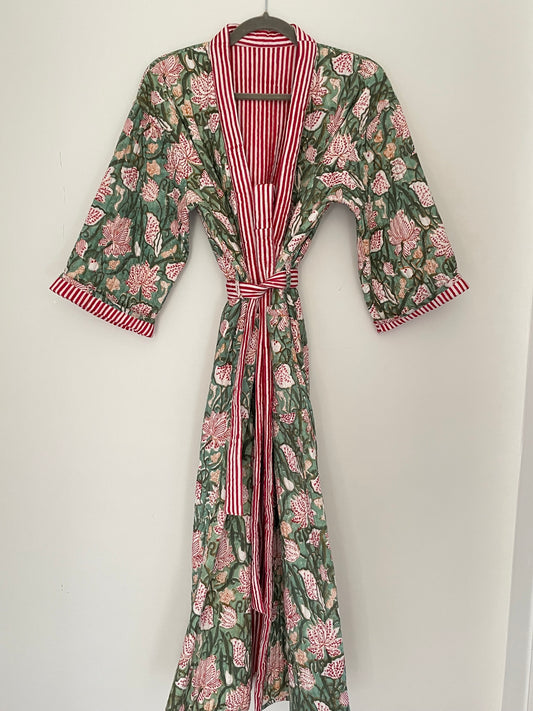 Sage Green Jaal and Red Stripe Quilted, Reversible Dressing Gown / House coat