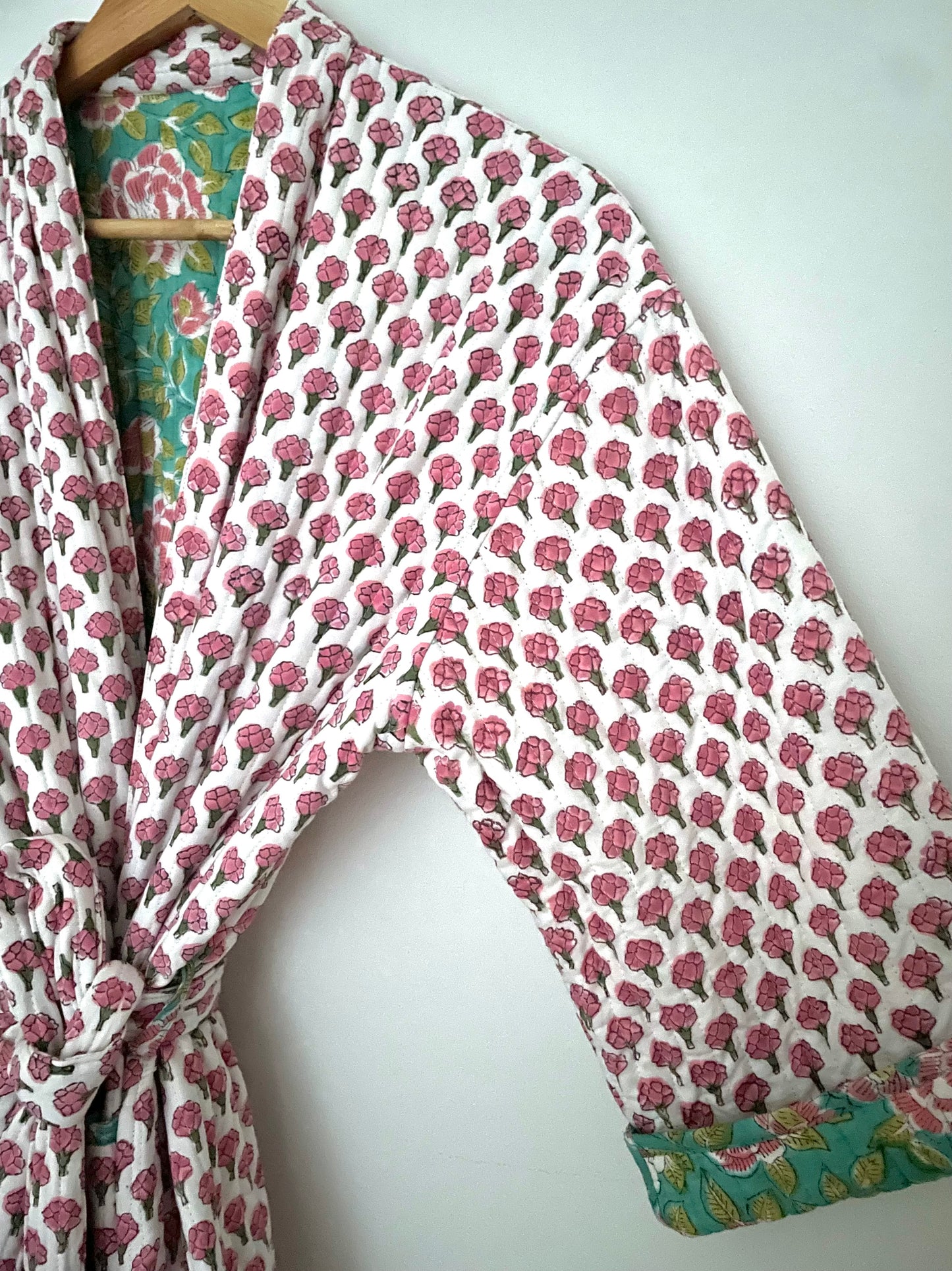 Pink Bouti and Green Jaal Reversible Quilted dressing gown/ House coat