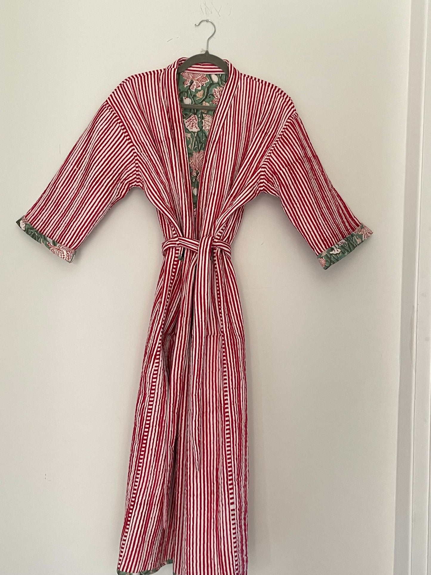 Sage Green Jaal and Red Stripe Quilted, Reversible Dressing Gown / House coat