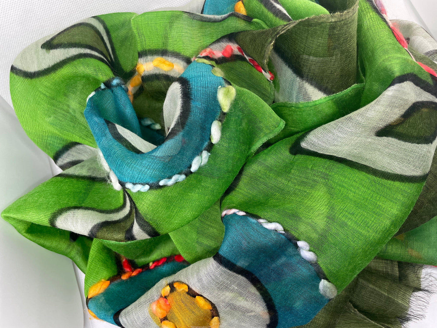 The Green Scarf - Hand Painted and Hand Embroidered