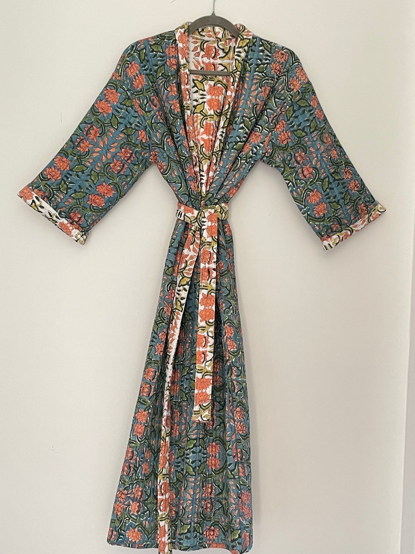 Teal, Clementine and Yellow Quilted Reversible Dressing Gown.