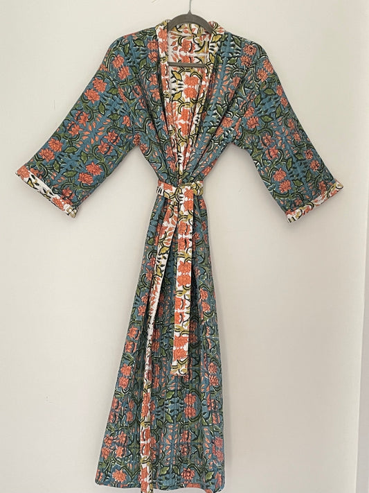 Teal, Clementine and Yellow Quilted Reversible Dressing Gown.