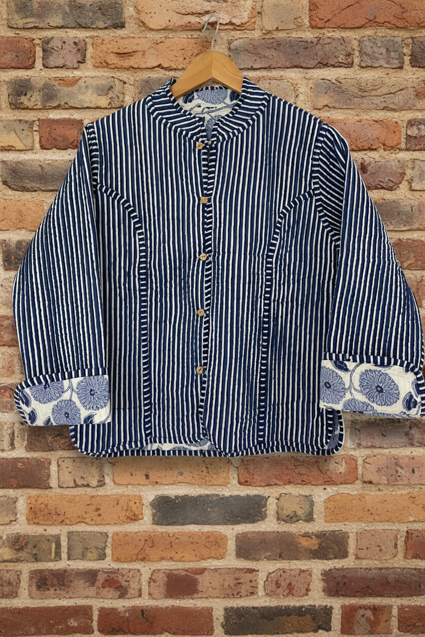 Cotton Quilted Jacket - Blue Floral Jaal
