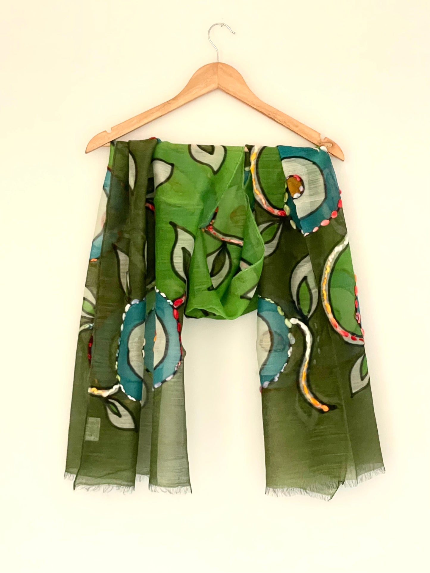 The Green Scarf - Hand Painted and Hand Embroidered