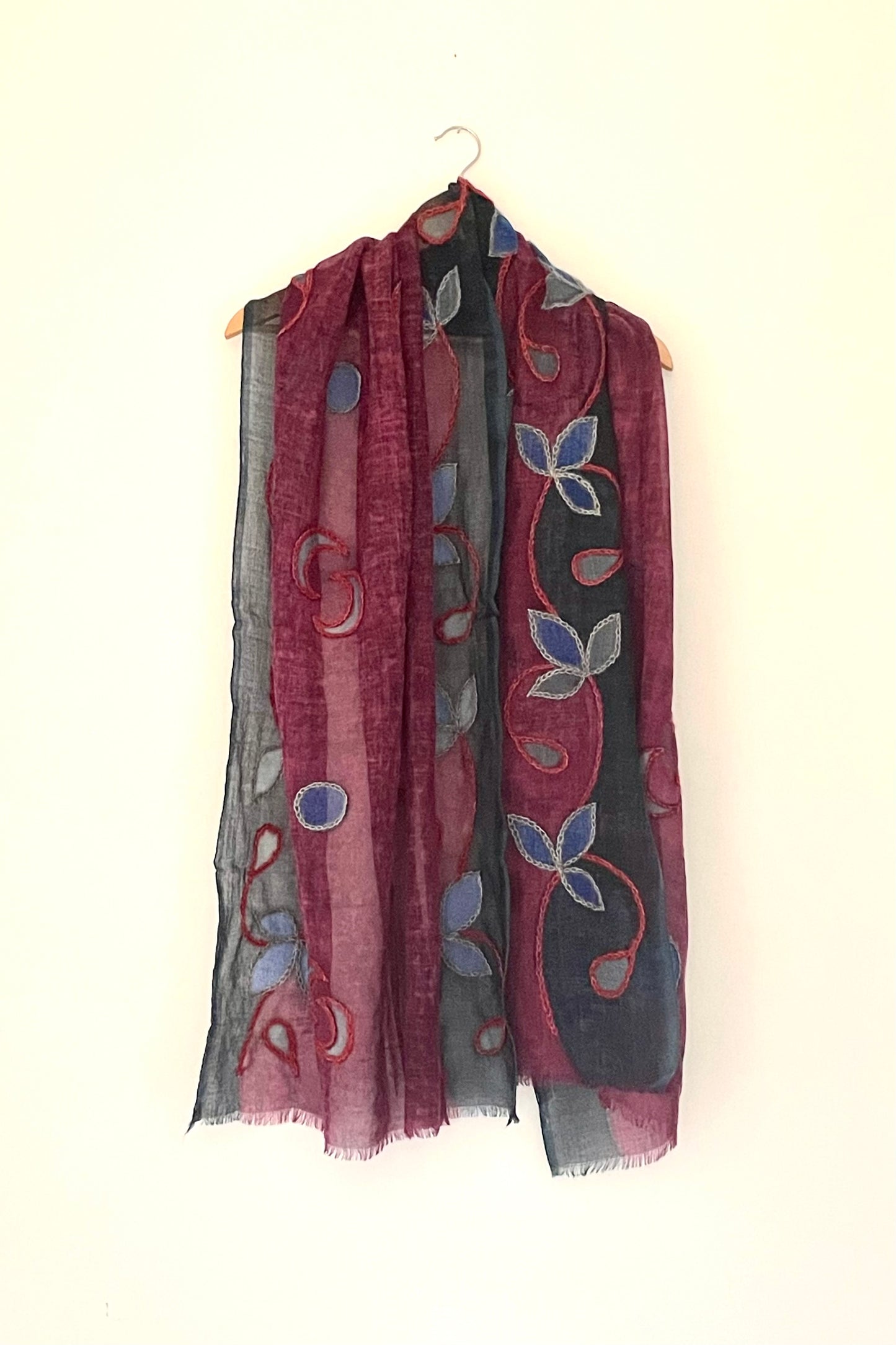 The Burgundy Scarf - Hand Painted and Hand Embroidered