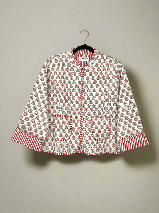 White Cotton Quilted Jacket - Coral Buti