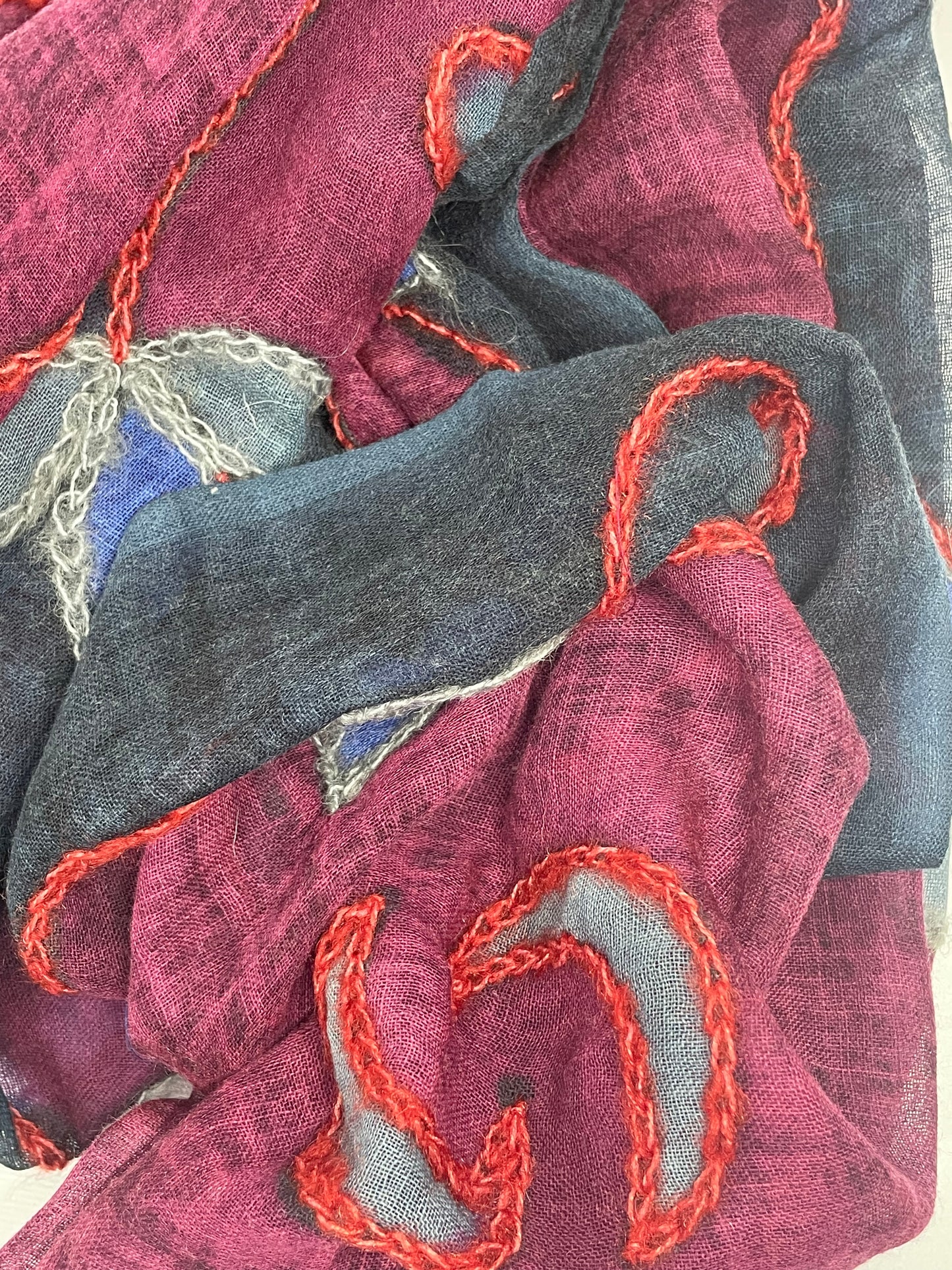 The Burgundy Scarf - Hand Painted and Hand Embroidered