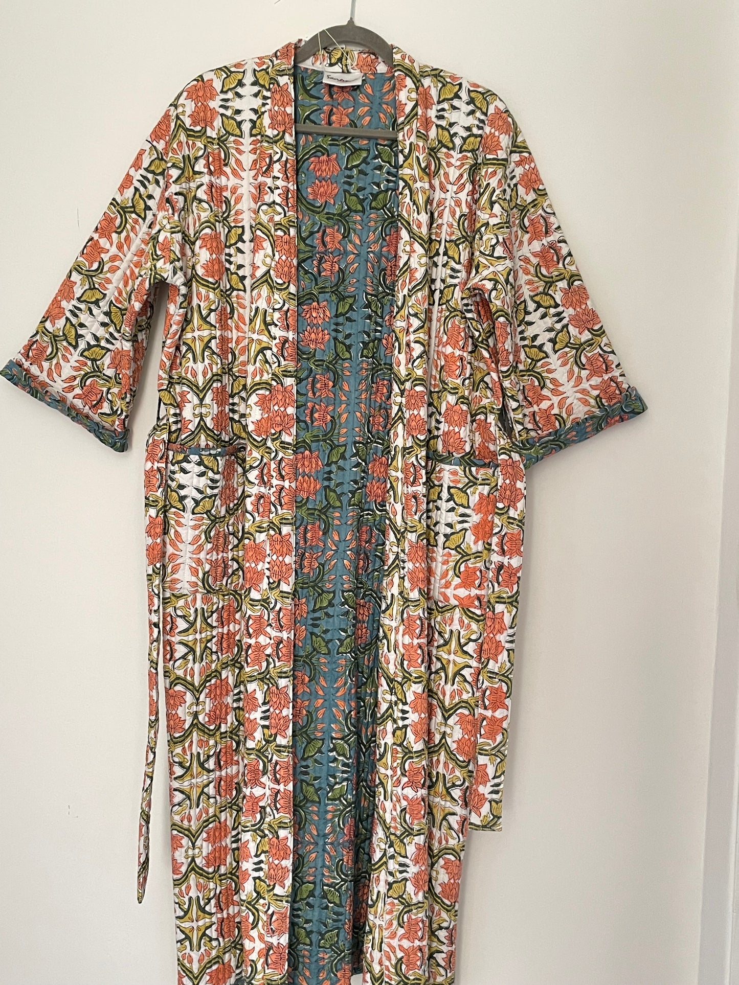 Teal, Clementine and Yellow Quilted Reversible Dressing Gown.