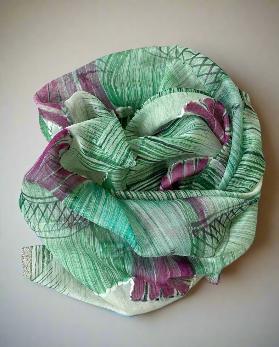 Aquamarine and Pink Scarf - Silk with Superfine wool blend