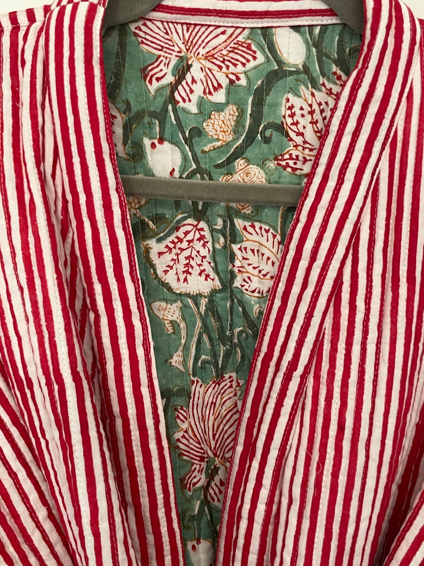 Sage Green Jaal and Red Stripe Quilted, Reversible Dressing Gown / House coat