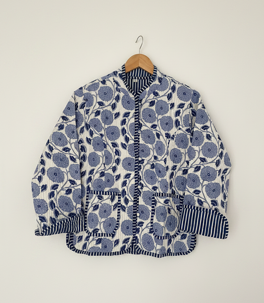 Cotton Quilted Jacket - Blue Floral Jaal