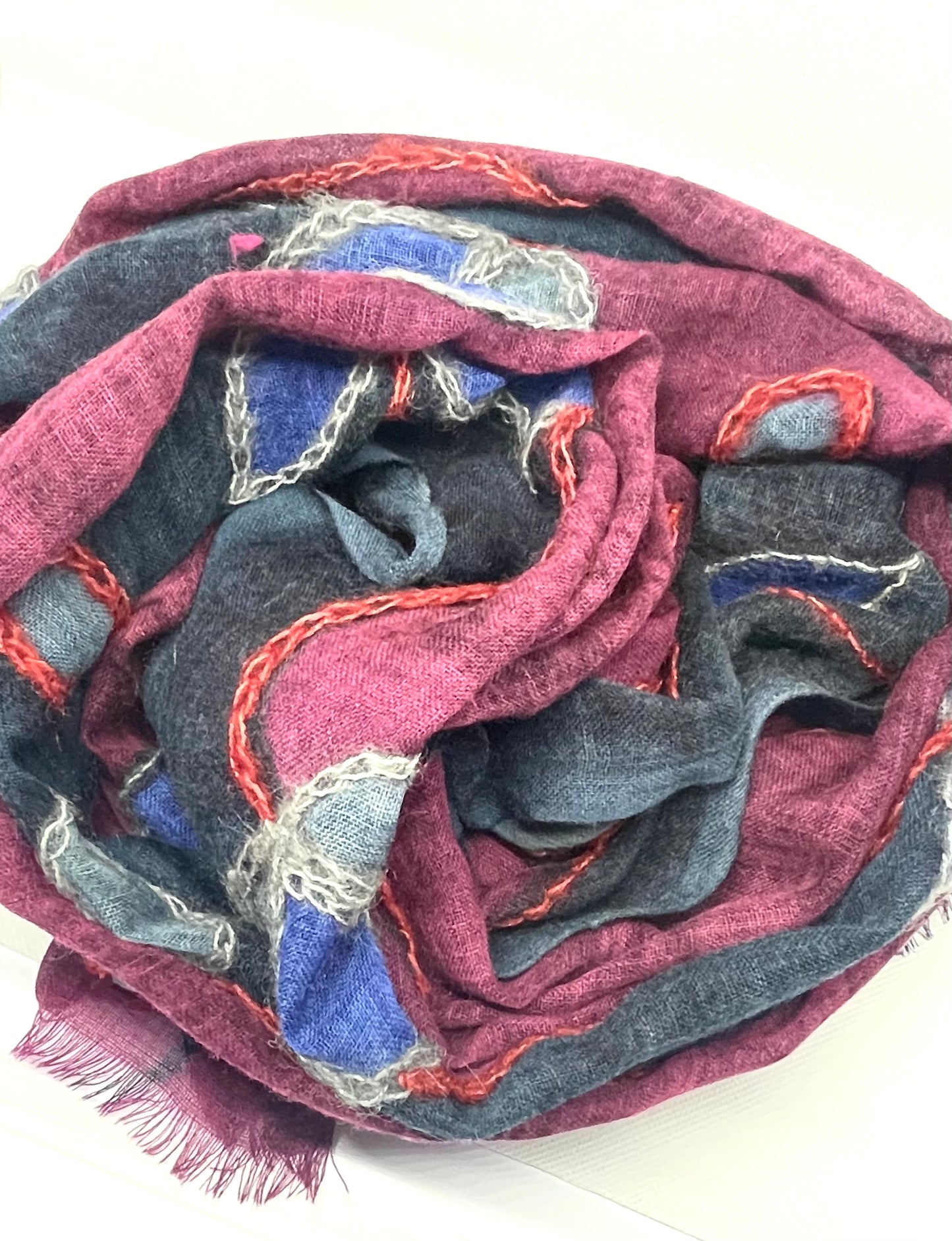 The Burgundy Scarf - Hand Painted and Hand Embroidered