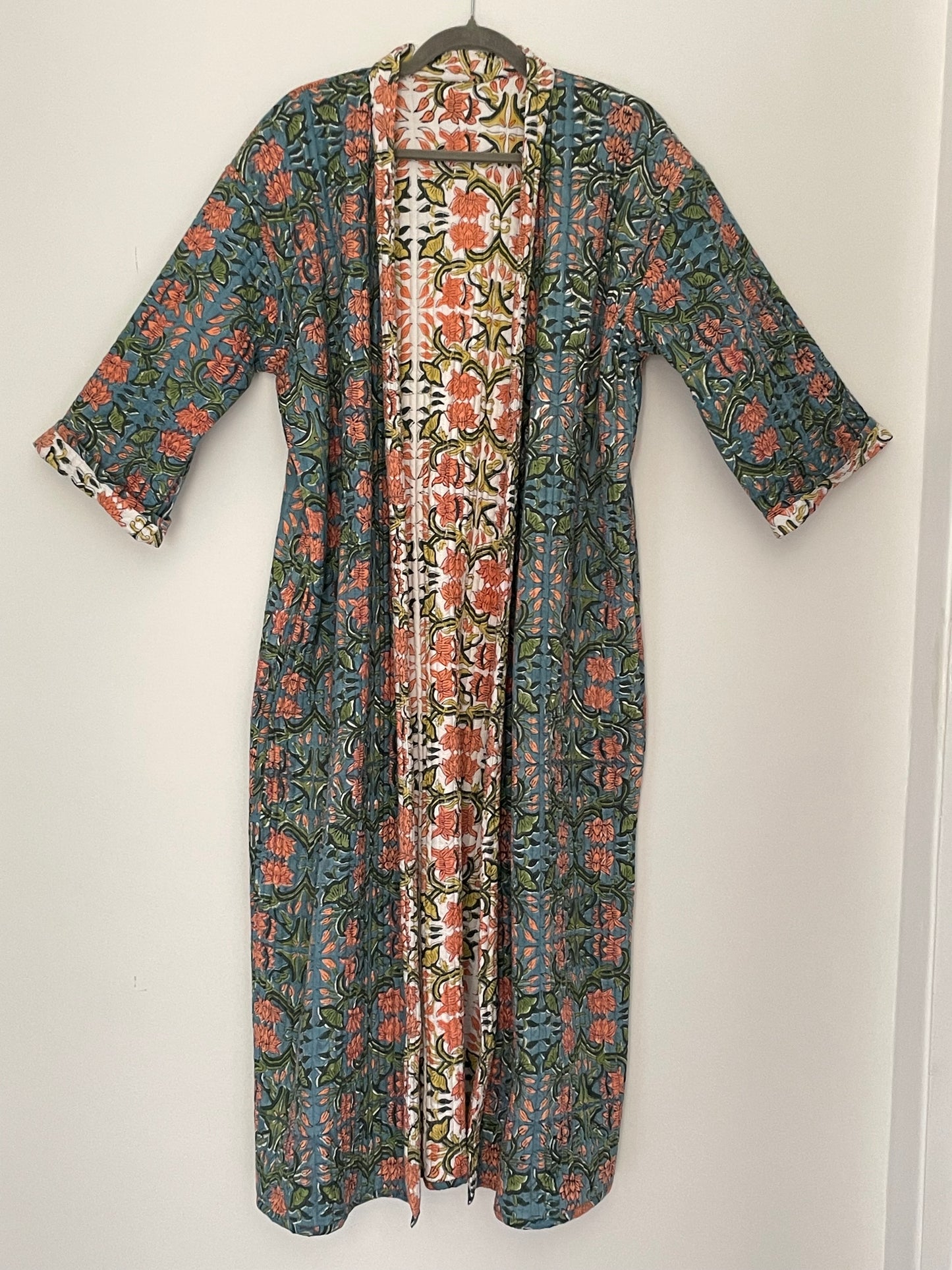 Teal, Clementine and Yellow Quilted Reversible Dressing Gown.