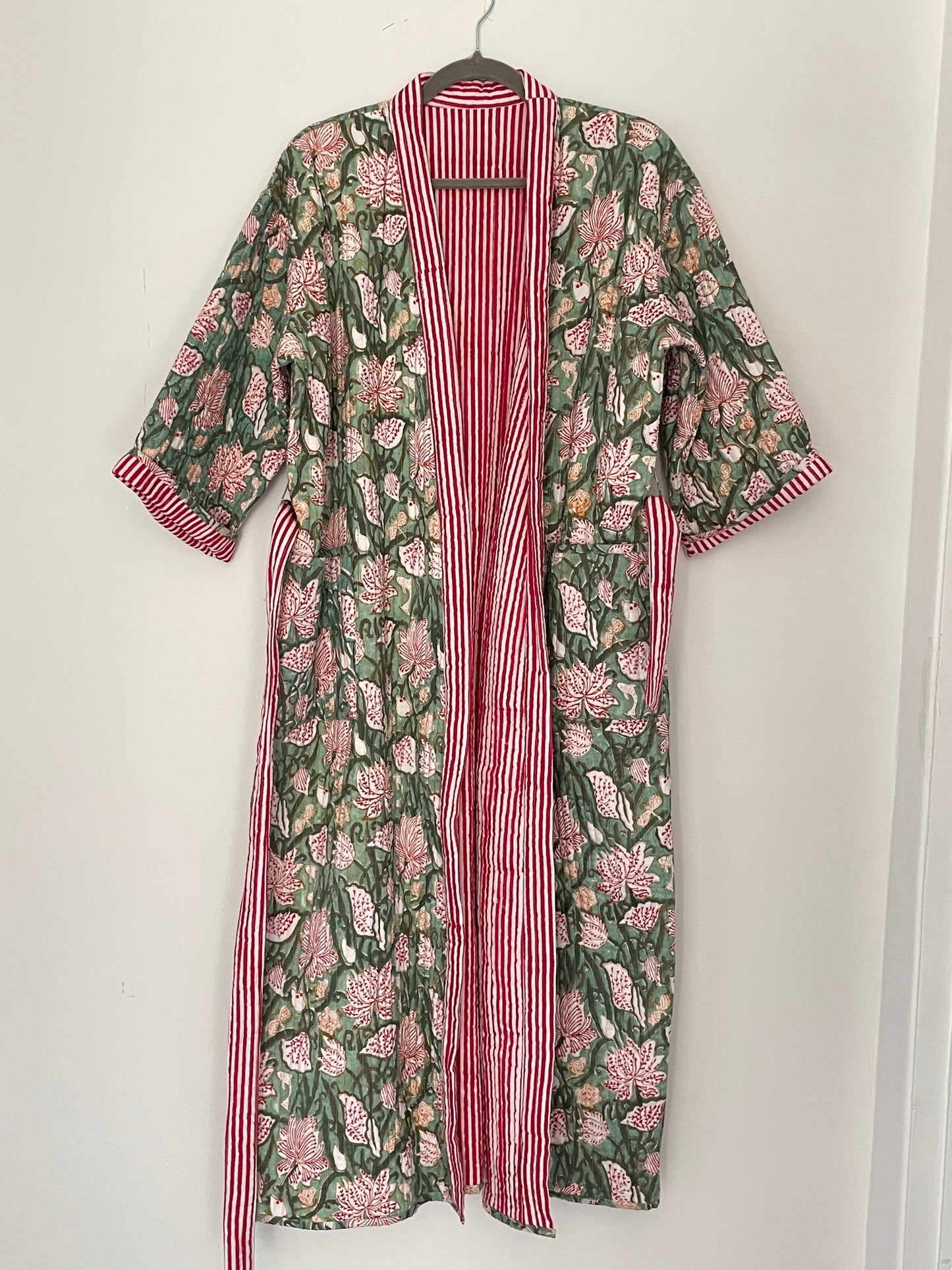 Sage Green Jaal and Red Stripe Quilted, Reversible Dressing Gown / House coat