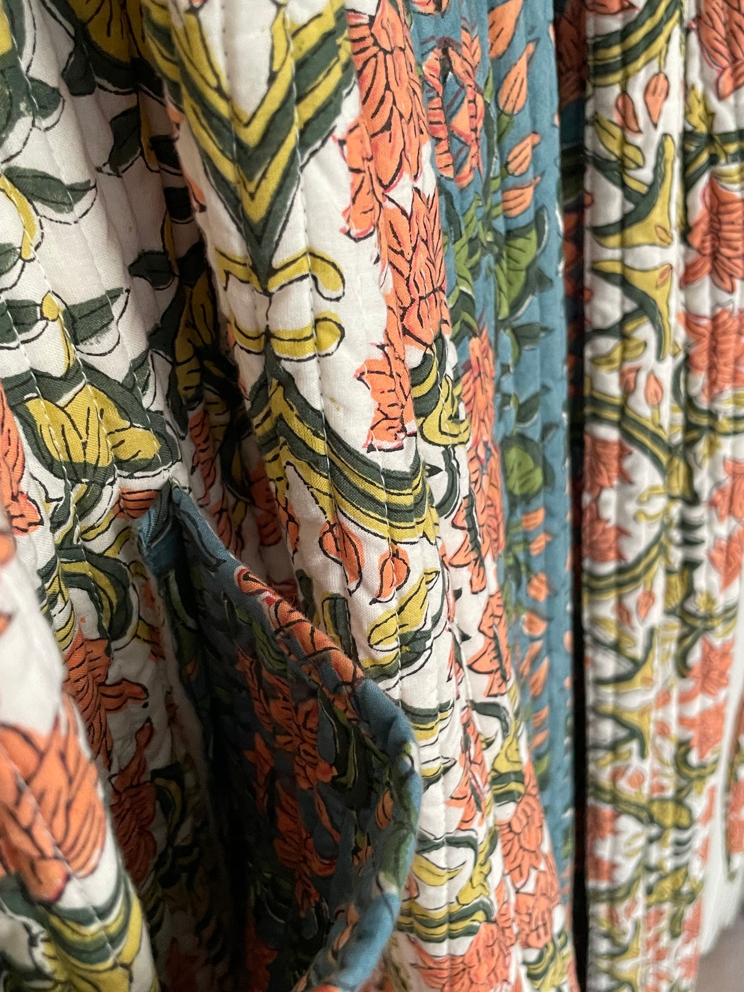 Teal, Clementine and Yellow Quilted Reversible Dressing Gown.