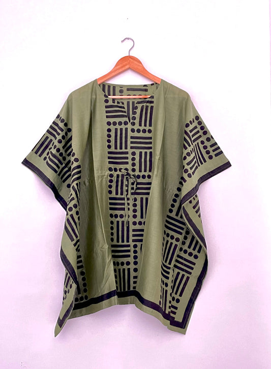 Olive Green Short Kaftan in Silk Cotton