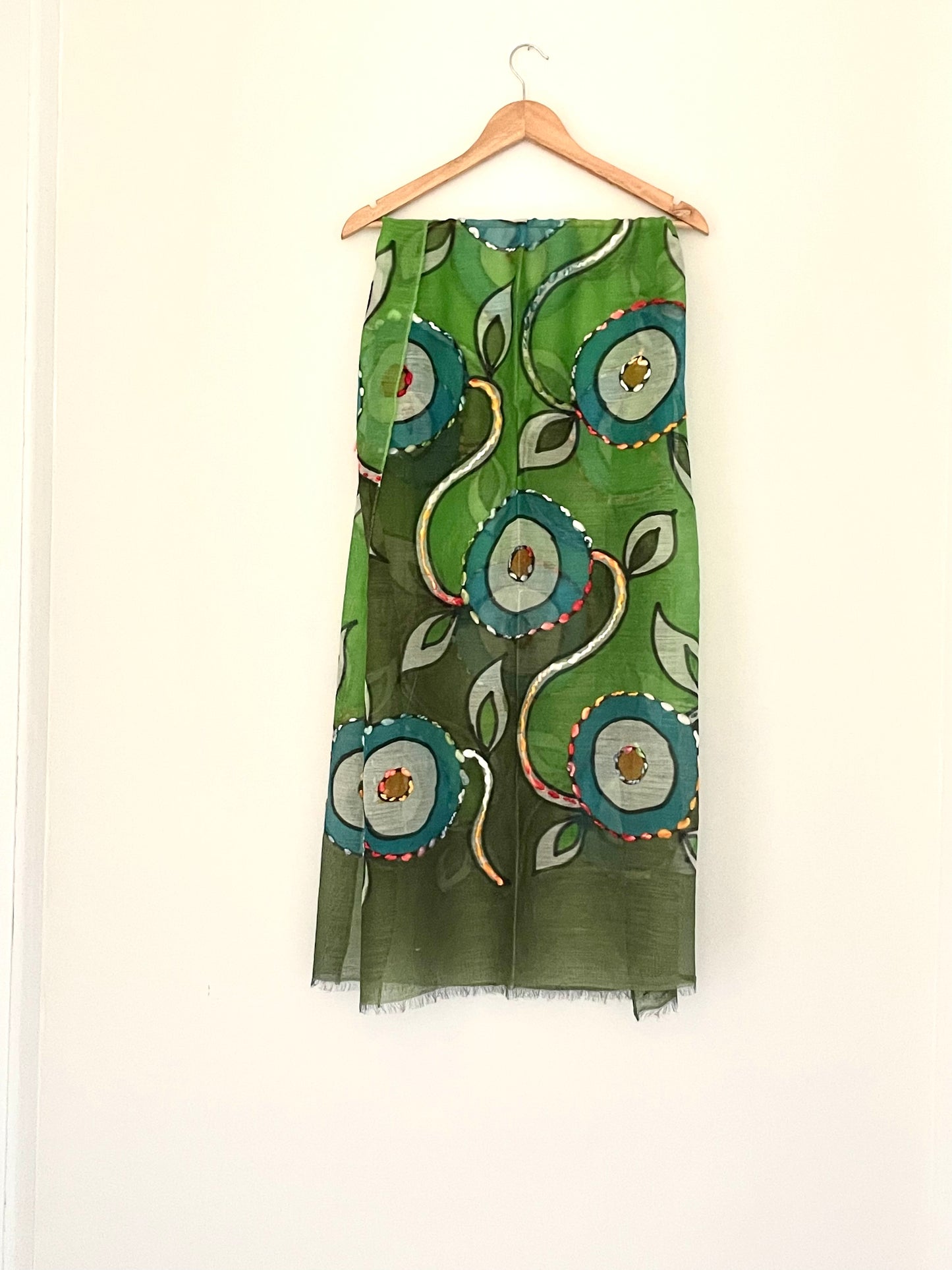 The Green Scarf - Hand Painted and Hand Embroidered