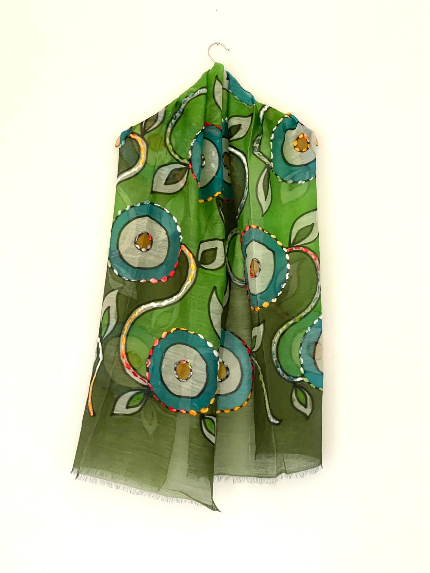 The Green Scarf - Hand Painted and Hand Embroidered