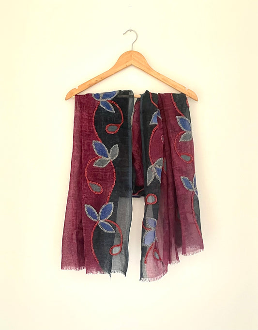 The Burgundy Scarf - Hand Painted and Hand Embroidered