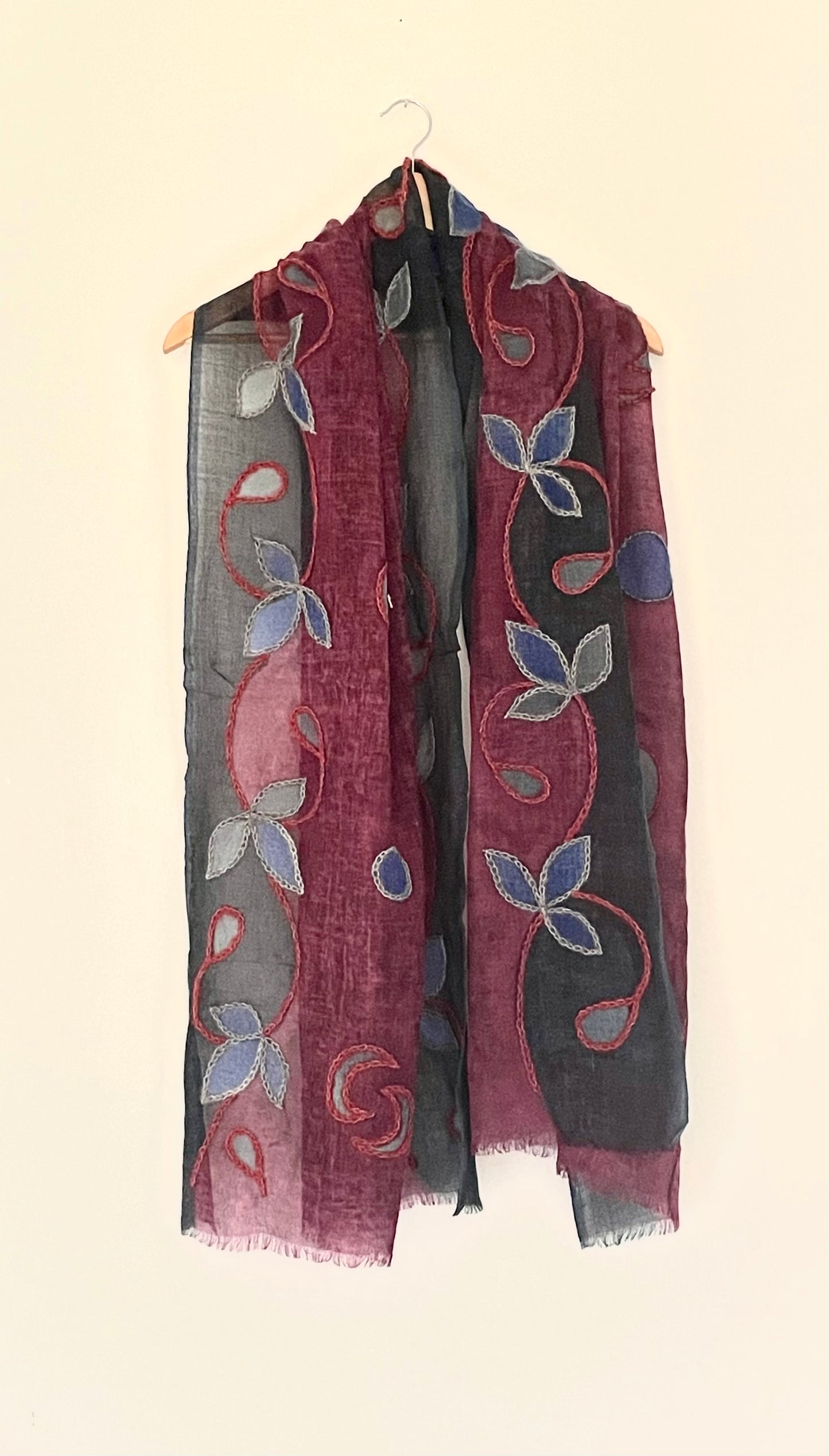 The Burgundy Scarf - Hand Painted and Hand Embroidered