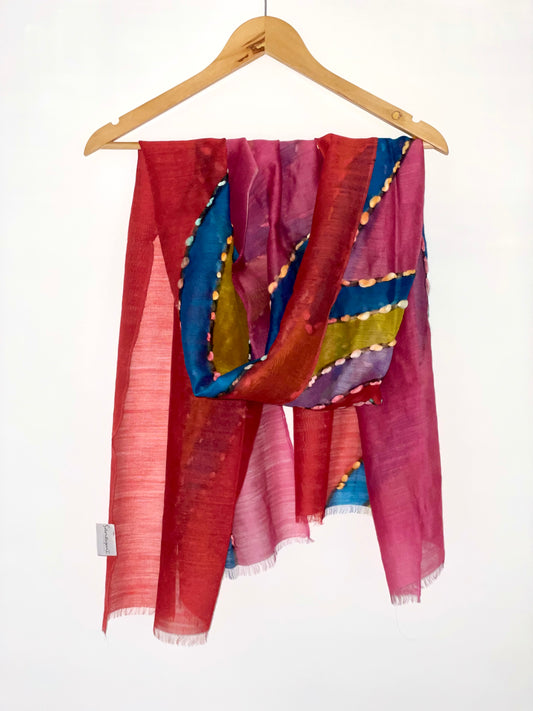 The Red and Pink Scarf - Hand Painted and Hand Embroidered