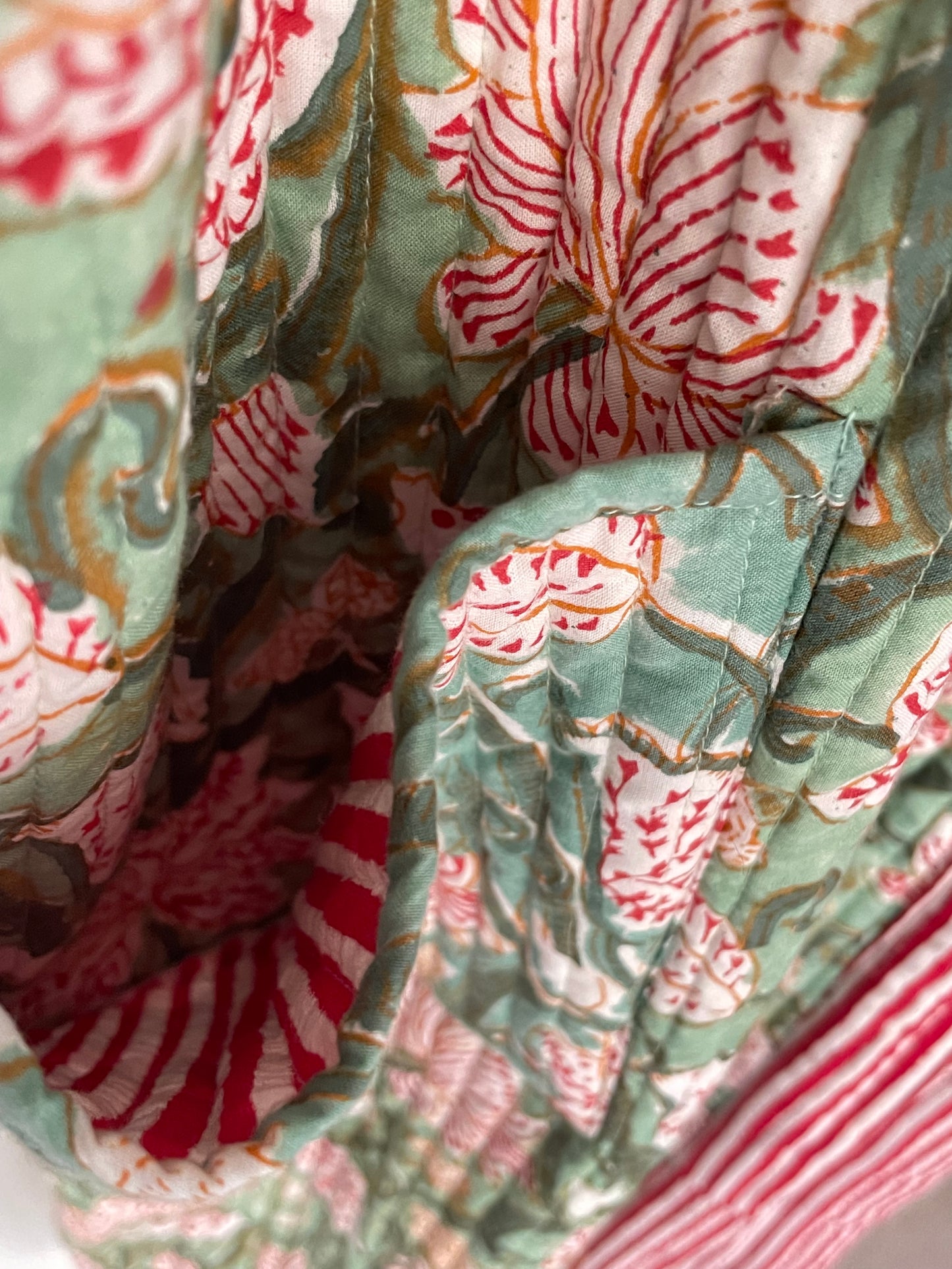 Sage Green Jaal and Red Stripe Quilted, Reversible Dressing Gown / House coat