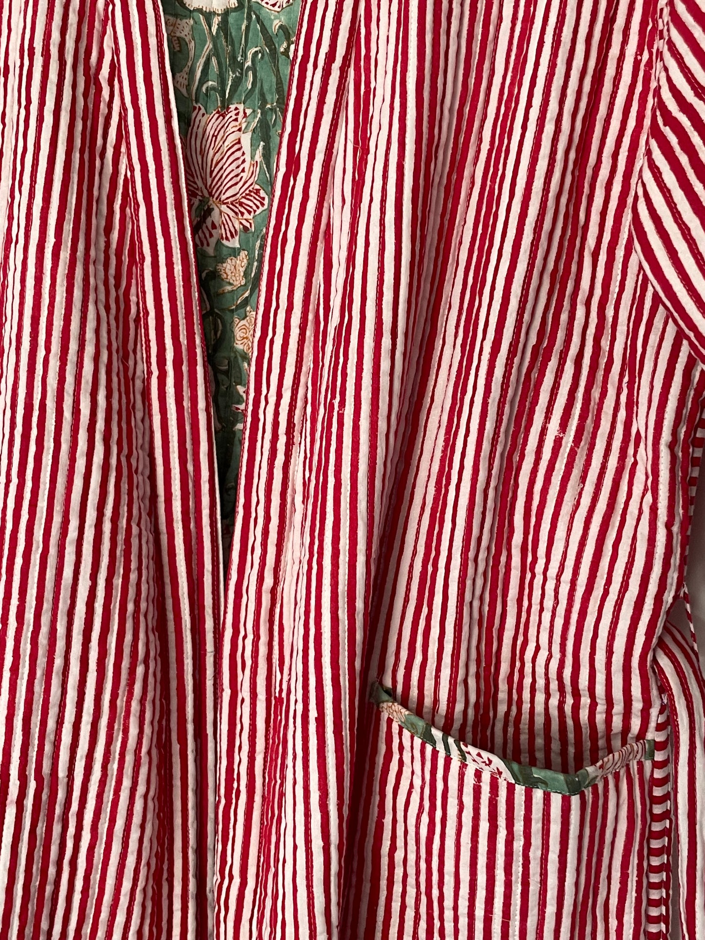 Sage Green Jaal and Red Stripe Quilted, Reversible Dressing Gown / House coat
