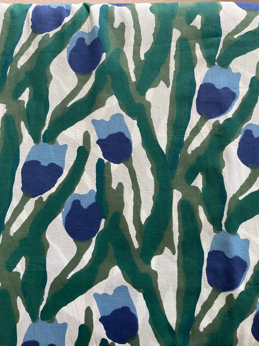 Tulips in Blues on Cotton
