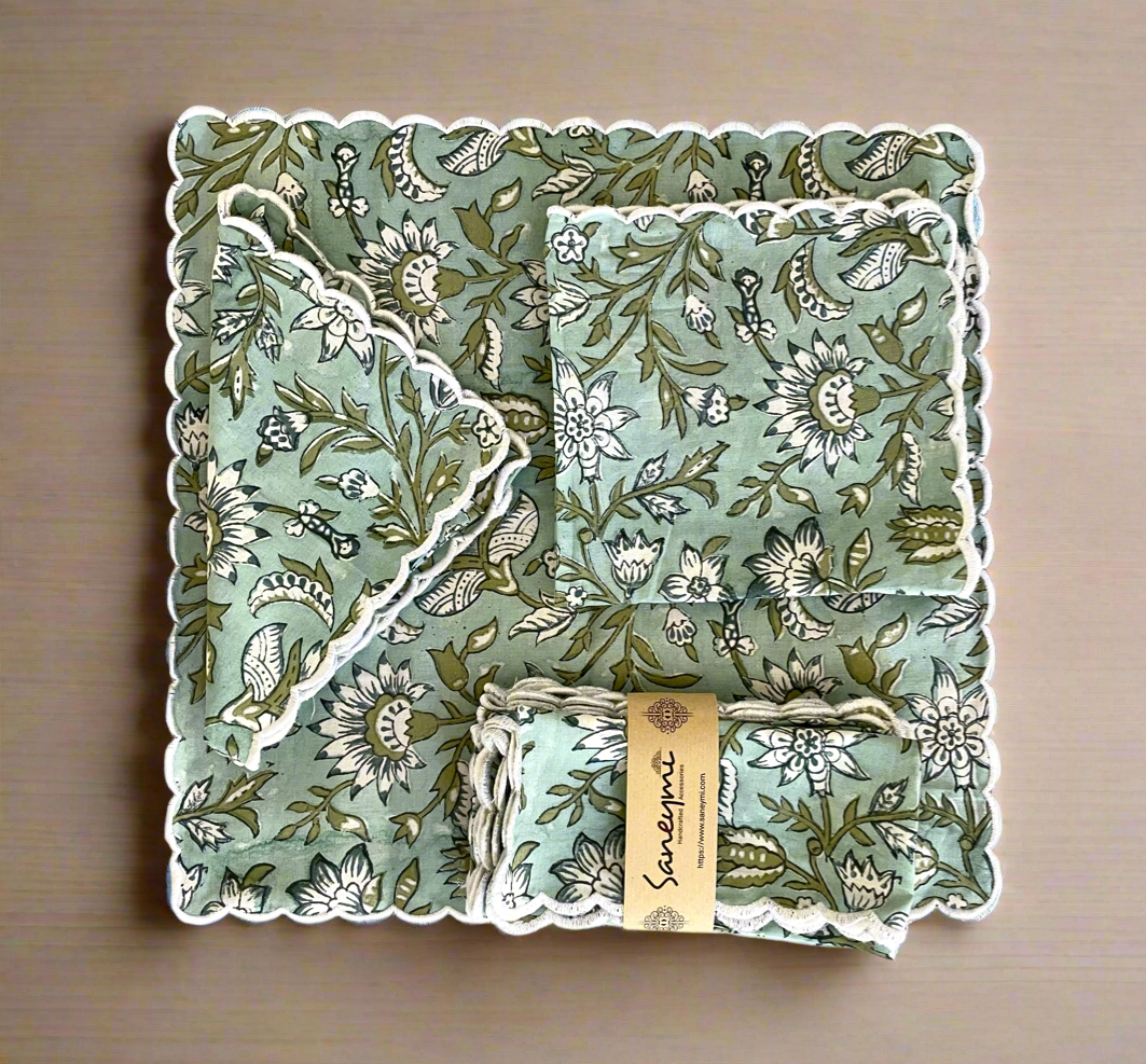Scalloped cotton Napkins - Green Jaal