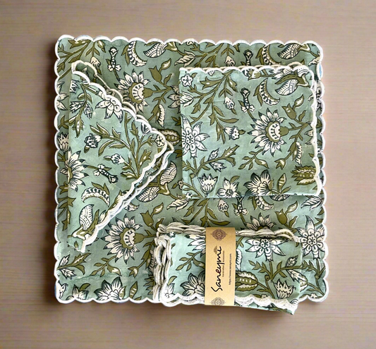Scalloped cotton Napkins - Green Jaal